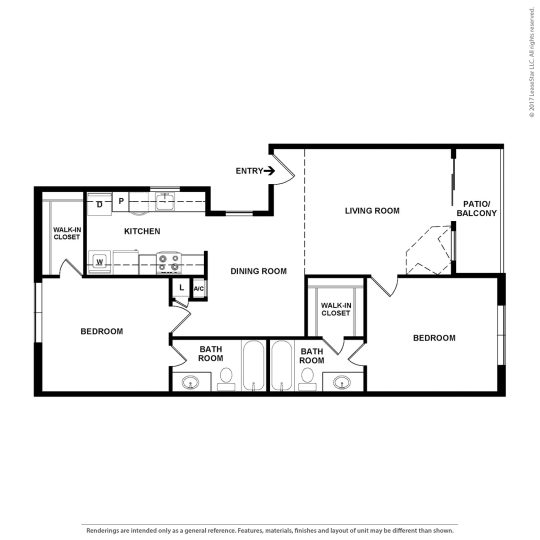floor plan for the two bedroom apartment at The Caldera Apartments