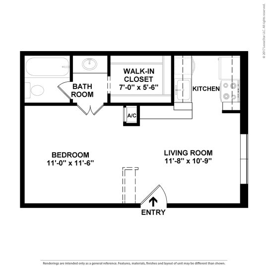 floor plan for a one bedroom apartment at The Caldera Apartments