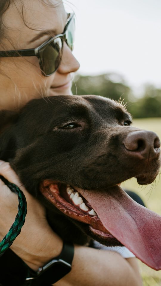 Lifestyle photo of a woman hugging a dog
