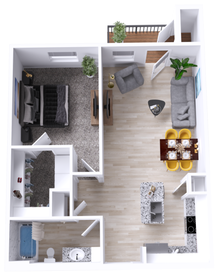a 3d rendering of a two bedroom apartment at The Woodview