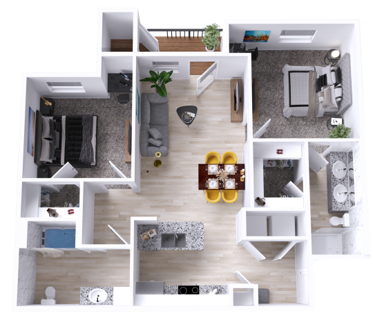 a 3d rendering of a two bedroom apartment at The Woodview
