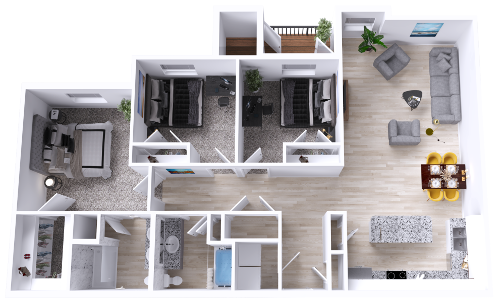 a 3d rendering of a two bedroom apartment at The Woodview