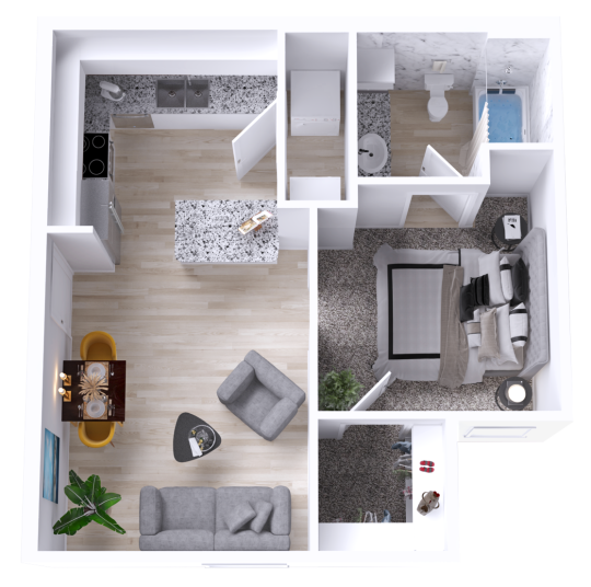 a 3d rendering of a one bedroom apartment at The Woodview