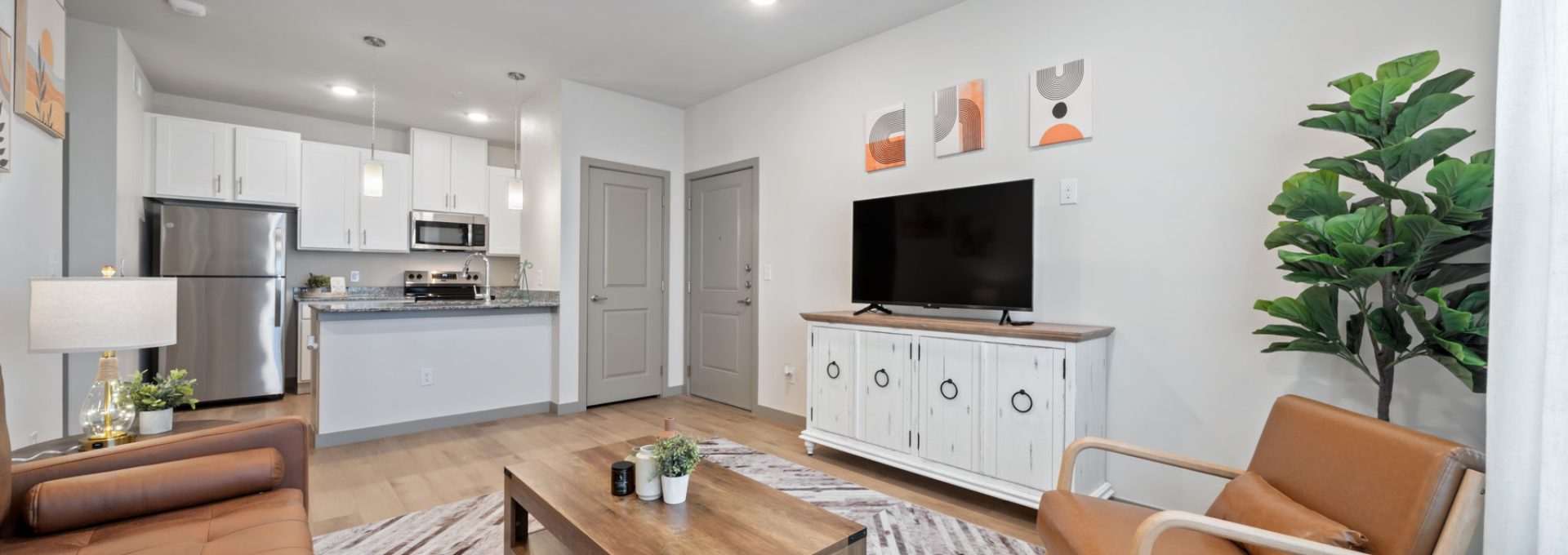 Luxury one bedroom apartment in cedar creek, texas with faux wood floor throughout, modern kitchen with stainless steel appliance and white cabinets