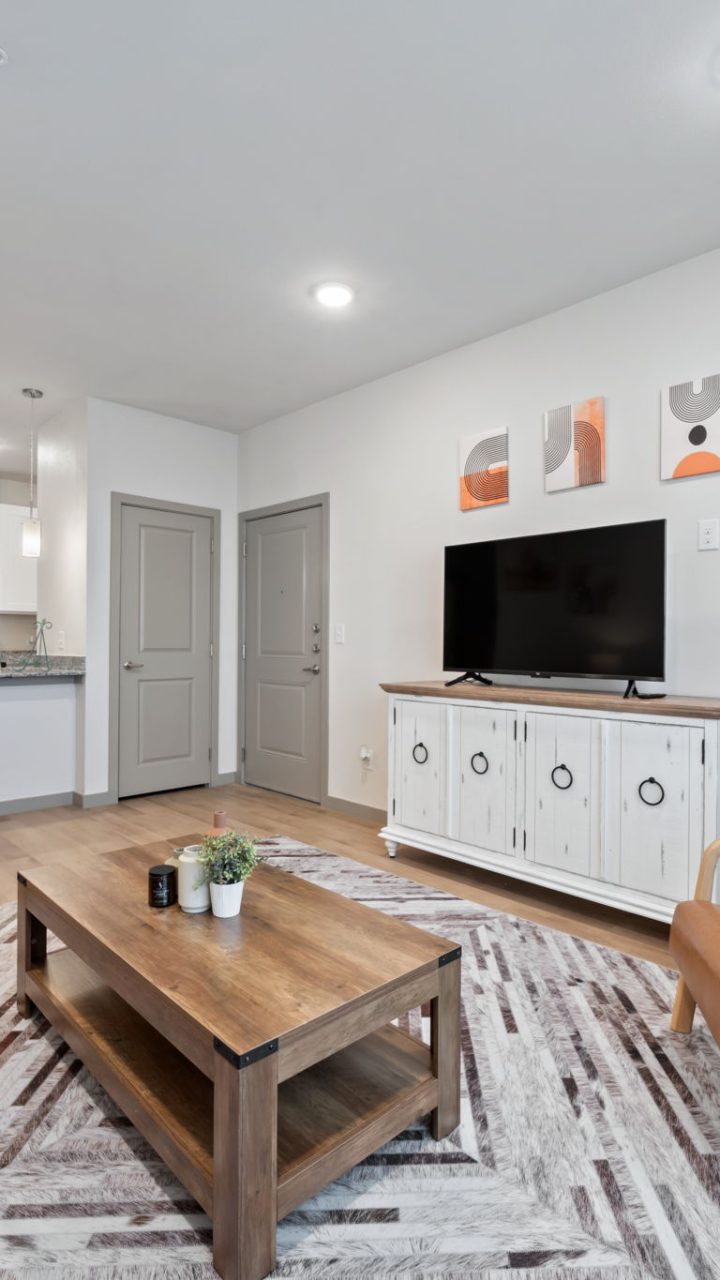 Luxury one bedroom apartment in cedar creek, texas with faux wood floor throughout, modern kitchen with stainless steel appliance and white cabinets