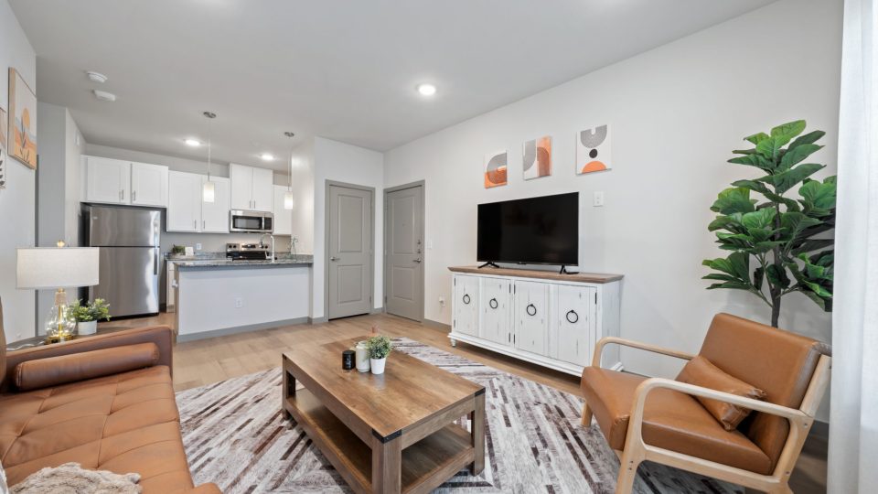 Luxury one bedroom apartment in cedar creek, texas with faux wood floor throughout, modern kitchen with stainless steel appliance and white cabinets