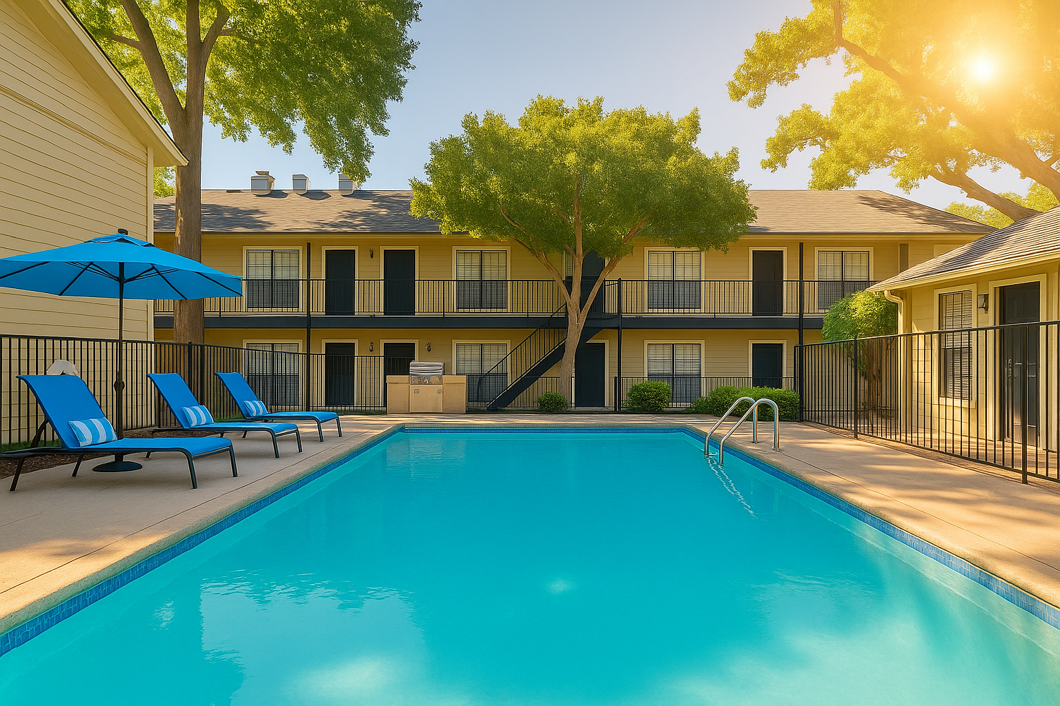 a pool with lounge chairs and umbrellas in front of a building at The Calypso Apartments