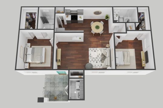 a 3d rendering of a two bedroom apartment at The Ten19 Apartments