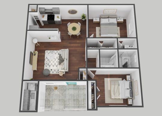 a 3d rendering of a two bedroom apartment at The Ten19 Apartments