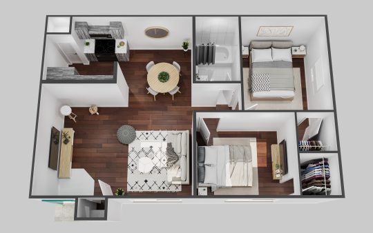 a 3d rendering of a two bedroom apartment at The Ten19 Apartments