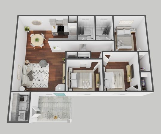 a 3d rendering of a two bedroom apartment at The Ten19 Apartments
