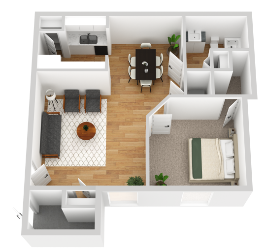 a 3d rendering of a two bedroom apartment at The Park Colony Apartments