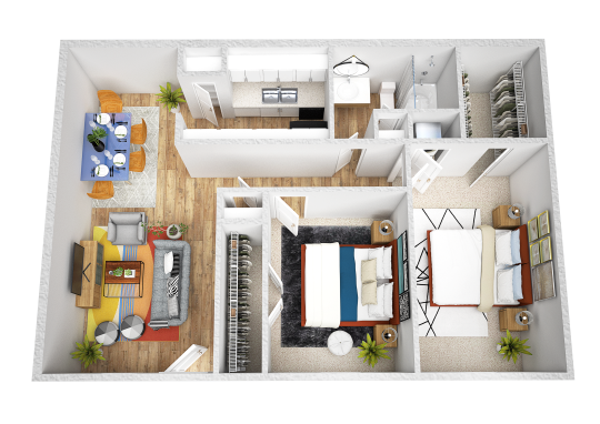 a 3d rendering of a two bedroom apartment at The Park Colony Apartments