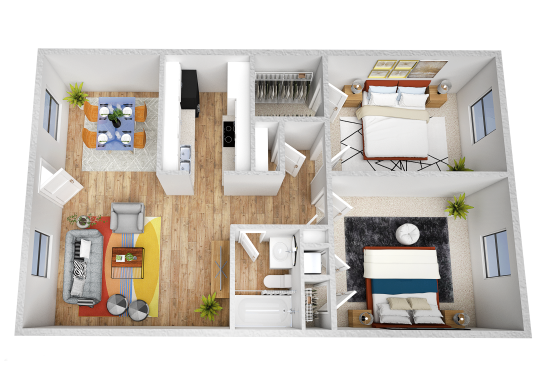 a 3d rendering of a two bedroom apartment at The Park Colony Apartments