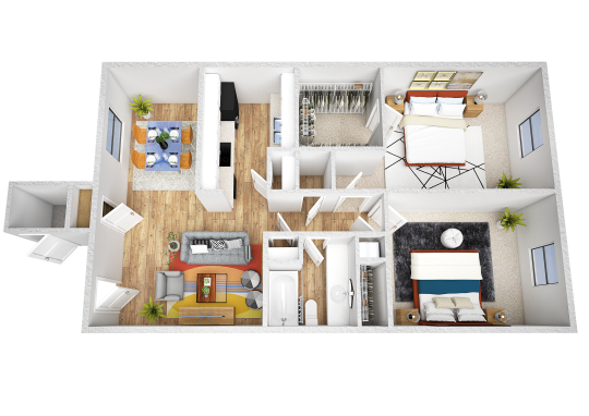 a 3d rendering of a two bedroom apartment at The Park Colony Apartments