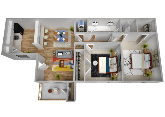 a 3d rendering of a two bedroom apartment at The Park Colony Apartments