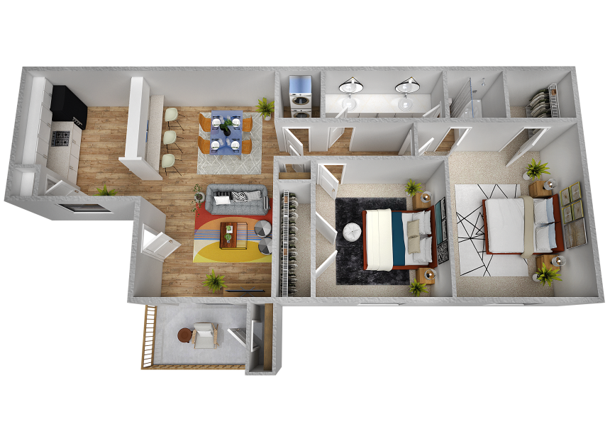 a 3d rendering of a two bedroom apartment at The Park Colony Apartments