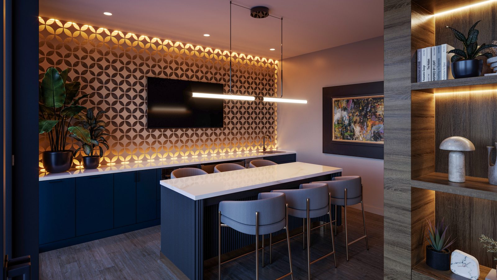 a kitchen with a bar and a dining area at The  Rosie