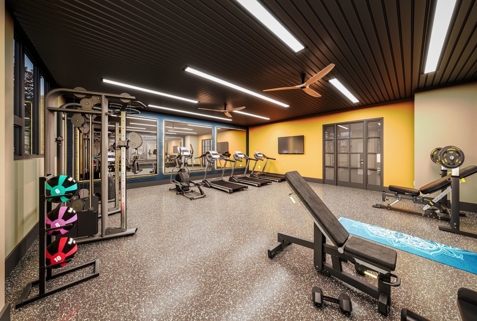 a gym room with exercise equipment and a television at The  Rosie