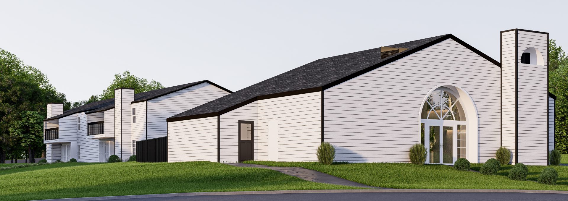 a rendering of a church building with a driveway at The Creekside Apartment Homes
