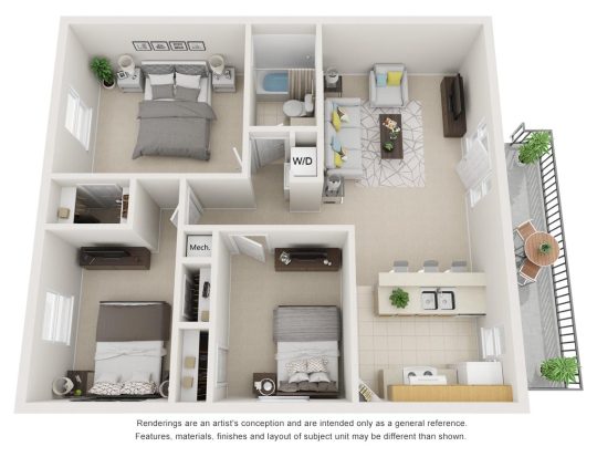 a 3d rendering of a two bedroom apartment at The Shoal Pointe Apartments