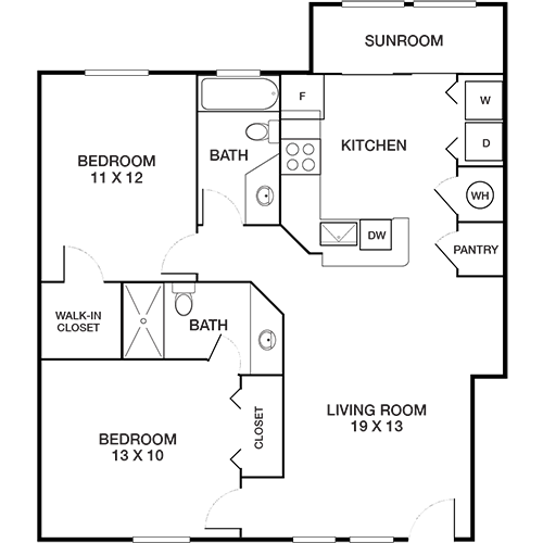 floor plan for the two bedroom apartment at The Peachtree Park