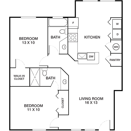 floor plan for the two bedroom apartment at The Peachtree Park