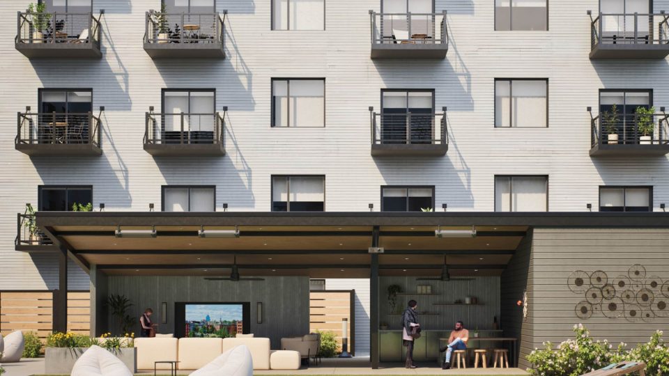 a rendering of the exterior of a modern apartment building at The  Benjamin Worchester