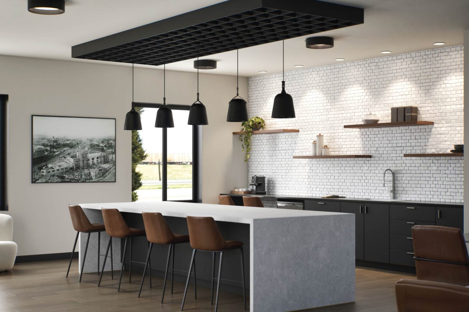 a modern kitchen with a large island and bar stools at The  Benjamin Worchester