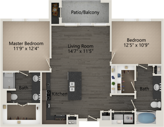 a floor plan of a two bedroom apartment at The RiverWalk Flats