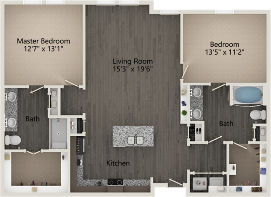 the floor plan for a two bedroom apartment at The RiverWalk Flats