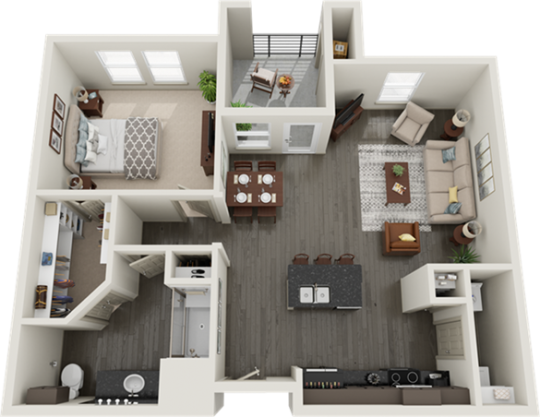 a 3d rendering of a two bedroom apartment at The RiverWalk Flats
