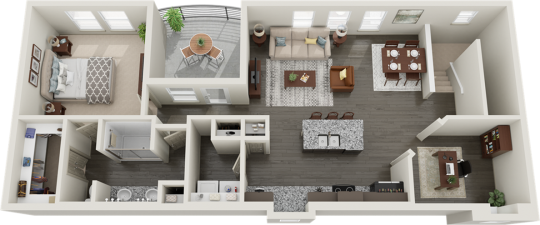 a 3d rendering of a two bedroom apartment at The RiverWalk Flats