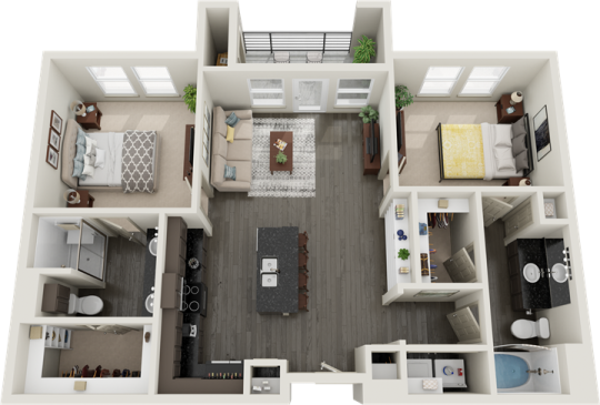 a 3d rendering of a two bedroom apartment at The RiverWalk Flats