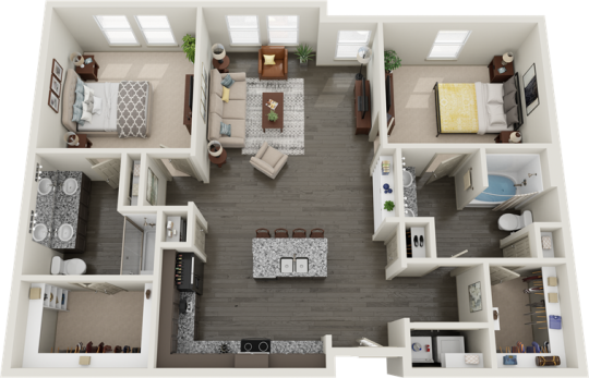 a 3d rendering of a two bedroom apartment at The RiverWalk Flats