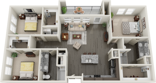 a 3d rendering of a two bedroom apartment at The RiverWalk Flats