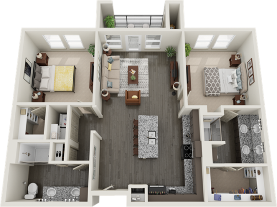 a 3d rendering of a two bedroom apartment at The RiverWalk Flats