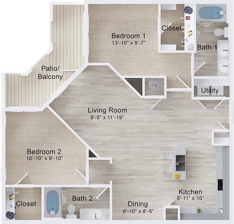 A Mackerel unit with 2 Bedrooms and 2 Bathrooms with area of 1172 sq. ft