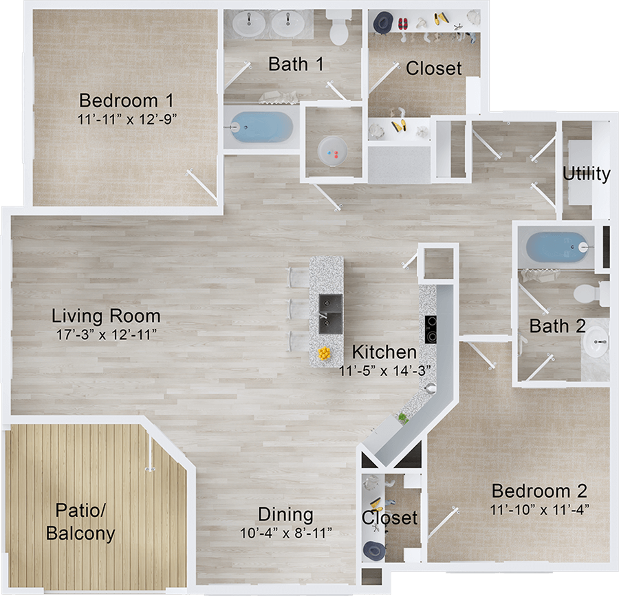 A Mahi Mahi unit with 2 Bedrooms and 2 Bathrooms with area of 1272 sq. ft