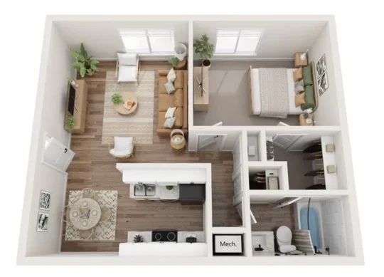 a kitchen filled with furniture and appliances