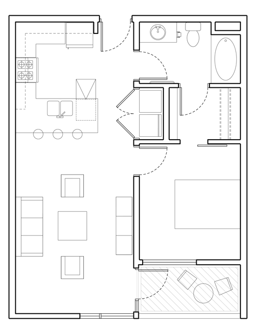 Mosaic one bedroom apartment model 1A