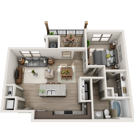 a 3d rendering of a two bedroom apartment at The  Apiary