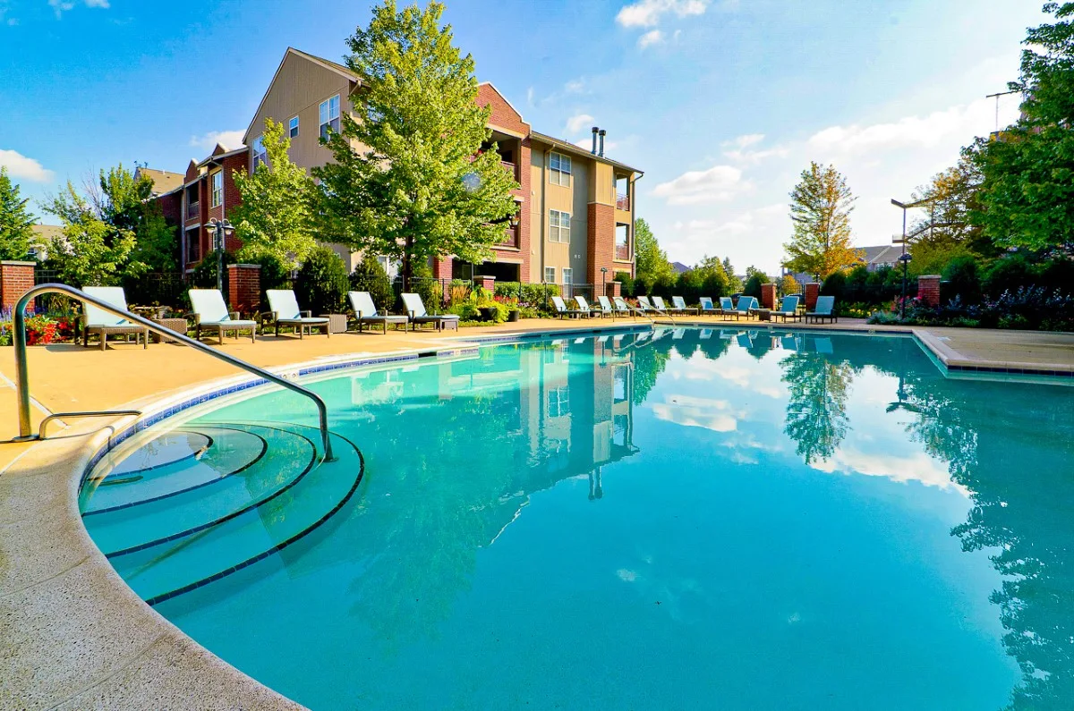 a large swimming pool in a residential area