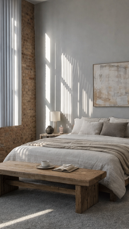 a room with a bed, a desk and a window