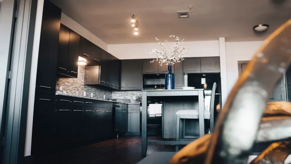 a kitchen with black cabinets and a black stove at The Terra at University North Park