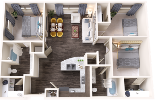 a 3d rendering of a two bedroom apartment at The Terra at University North Park