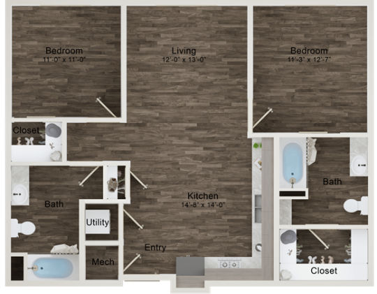 the floor plan for a two bedroom apartment at The Terra at University North Park
