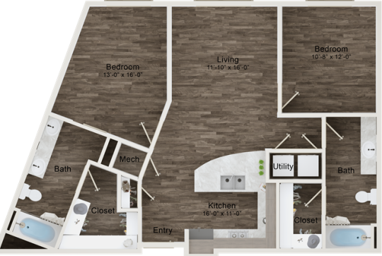 floor plan image of the two bedroom apartment at The Terra at University North Park