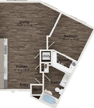 floor plan image of the one bedroom apartment at The Terra at University North Park