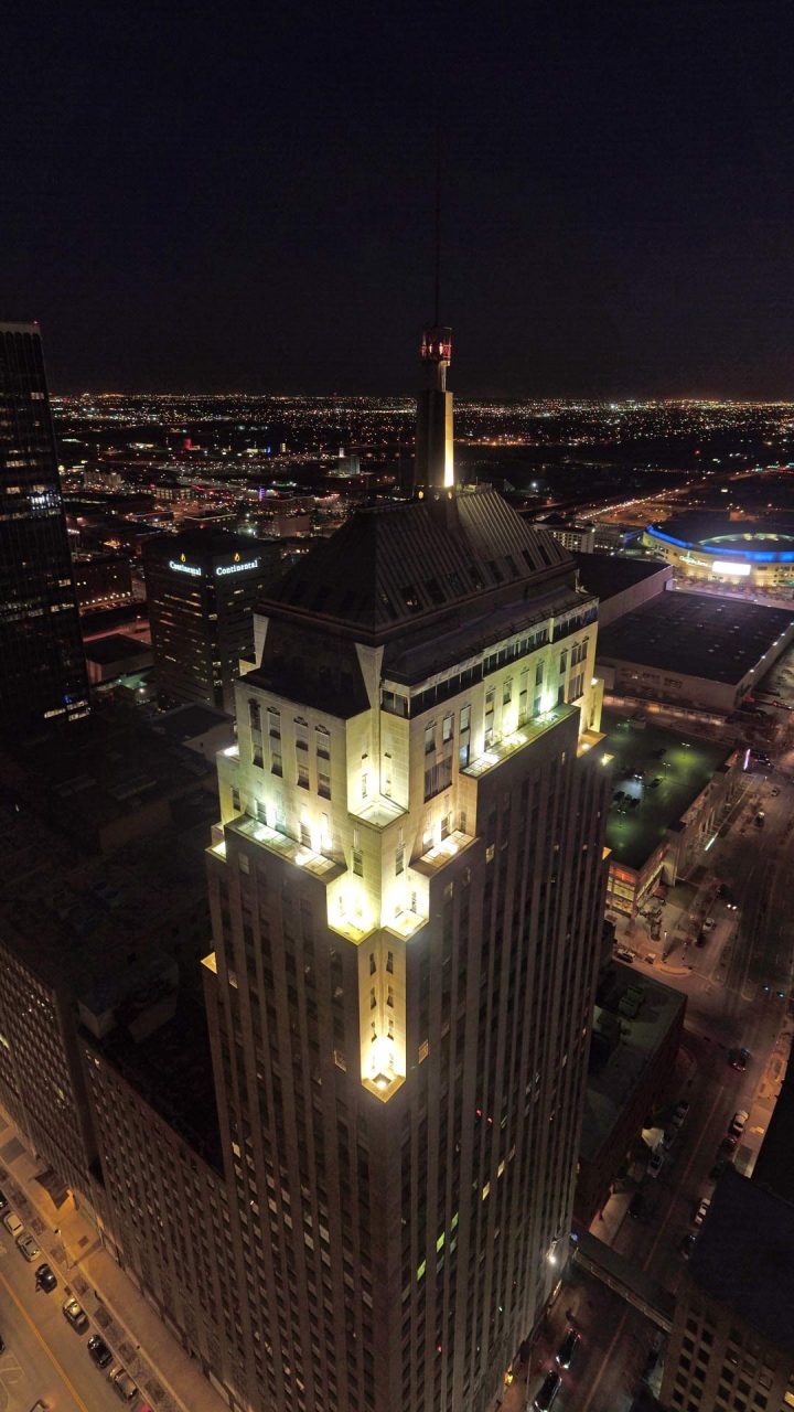 an aerial view of a building at night at The  First